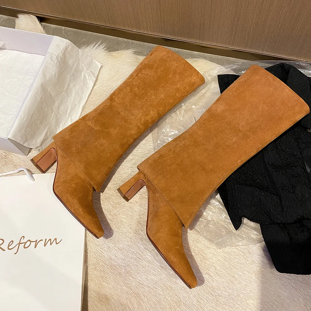 70mm Block Heel Mid-tube Fashion Boots Light Caramel Suede-vocosishoes