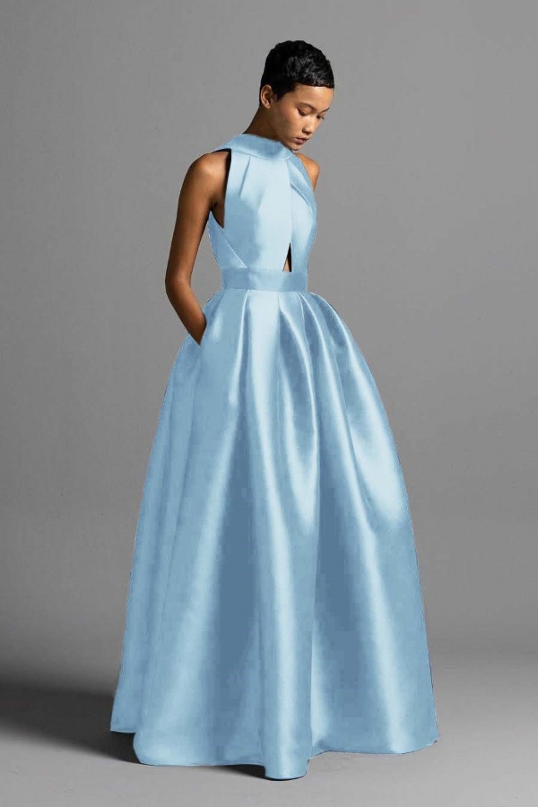 Ovlias Fashion Sky Blue Halter Prom Dress Long Strapless with Pleated MS0520