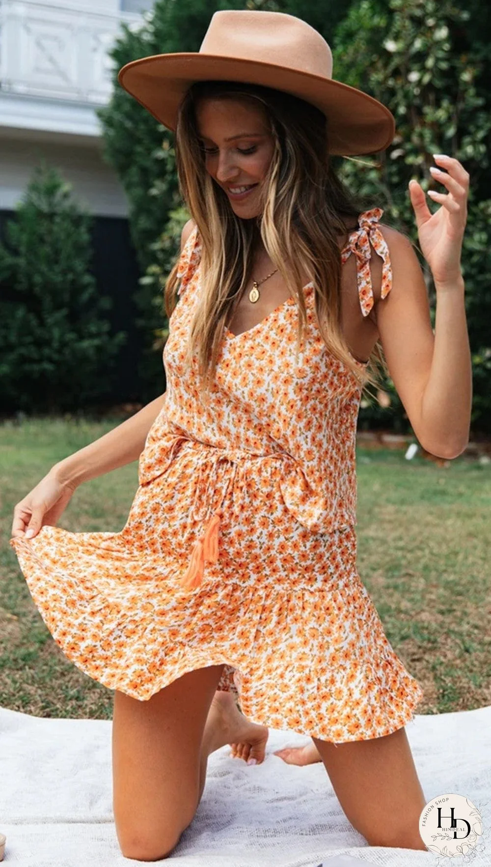 Orange Floral Tank and Skirt Matching Sets