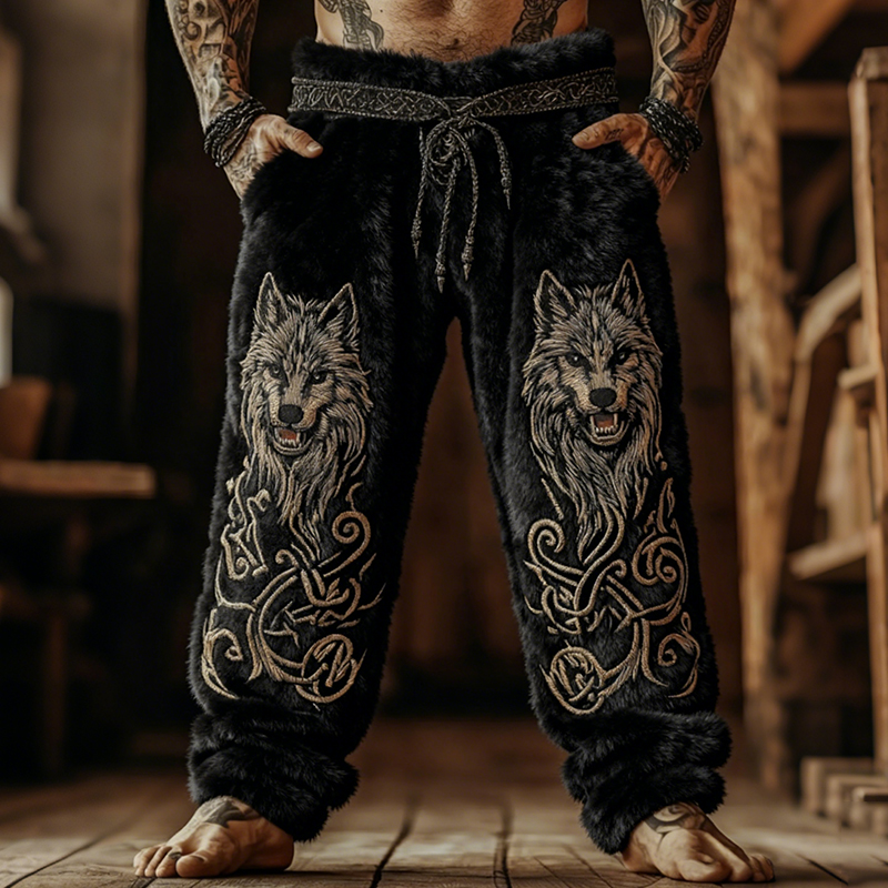 Men's Viking Style Wolf Celtic Art Casual Flannel Pants elevenforest
