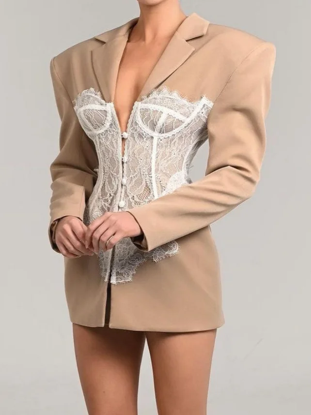 Athvotar Athvotar Design Lace Splicing Suit Women's Fashion Sexy Hottie Waist Straight Shoulder