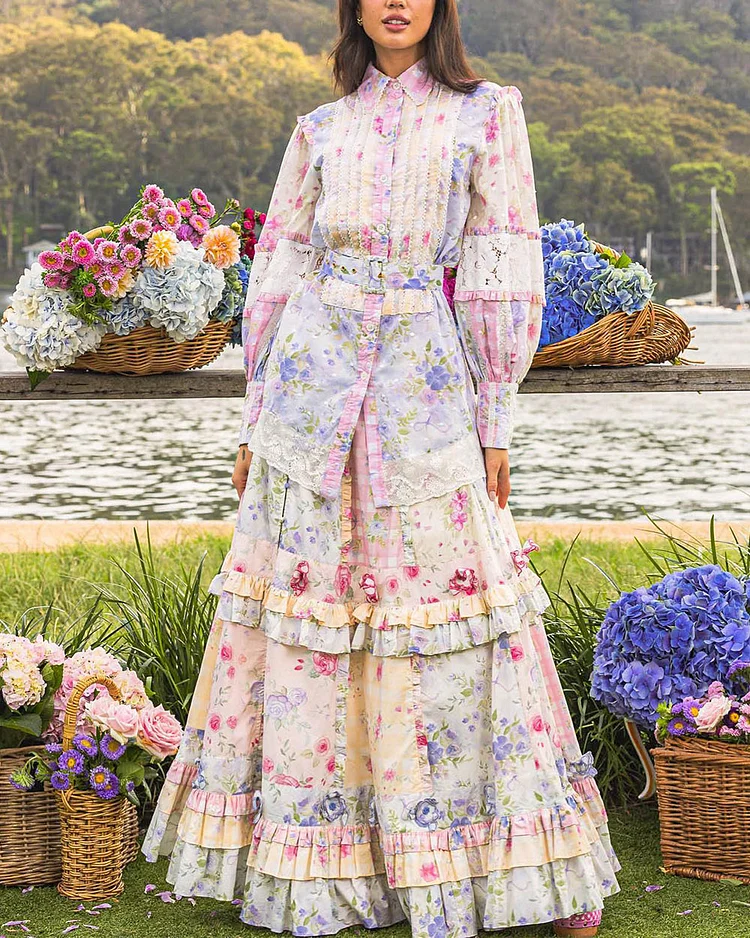 Pastoral Floral Print Lace Shirt and Skirt Two-Piece Set