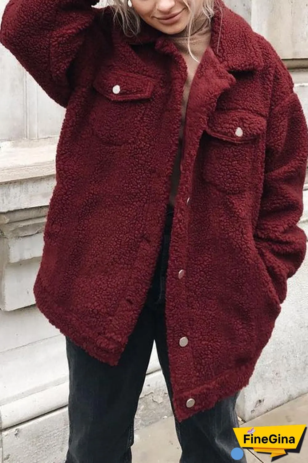 Button Lapel Long Sleeve Plush Coat