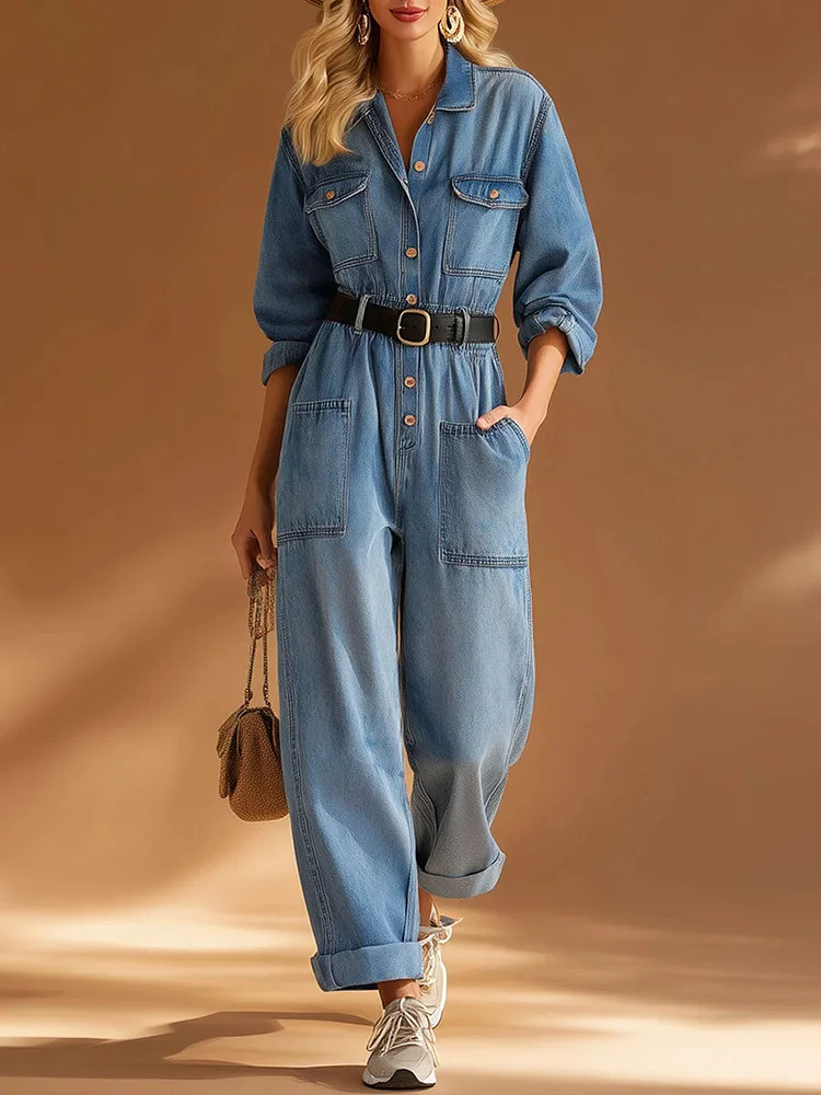 Women's Shirt Collar Long-sleeved Loose-fitting Denim Jumpsuit socialshop