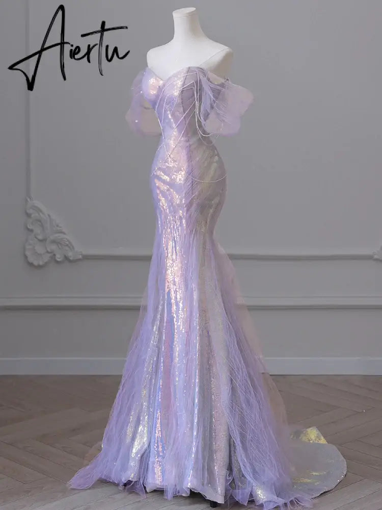 Aiertu Purple Laser Sequin Beaded Mermaid Women Evening Dress with Puff Sleeves Tassel Pearls Tulle Train Prom Gown Aiertu