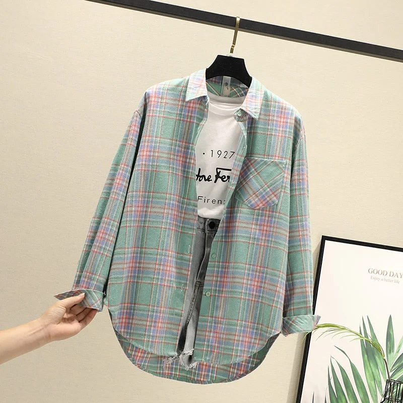 Women Blouses Shirts Tunic Womens Tops 2020 Long Sleeve Clothing Button Up Down Plaid New Fashion Autumn Turn-down Collar Good