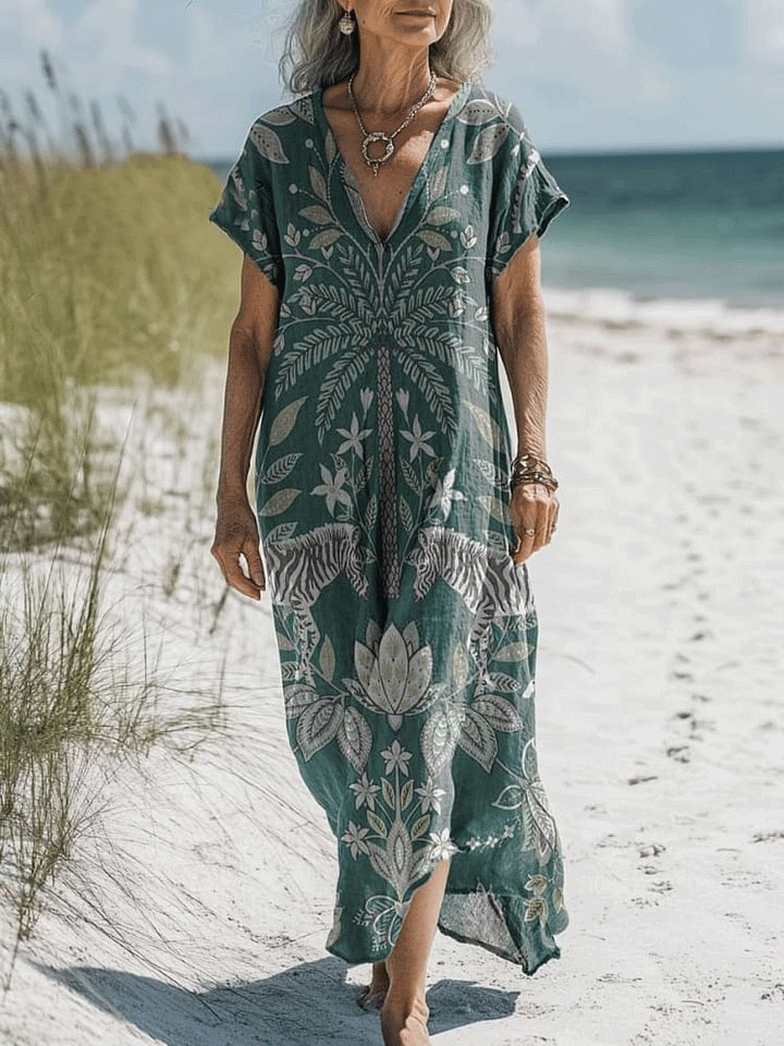 Women's Vintage Flower Art Print Pocket Cotton Dress
