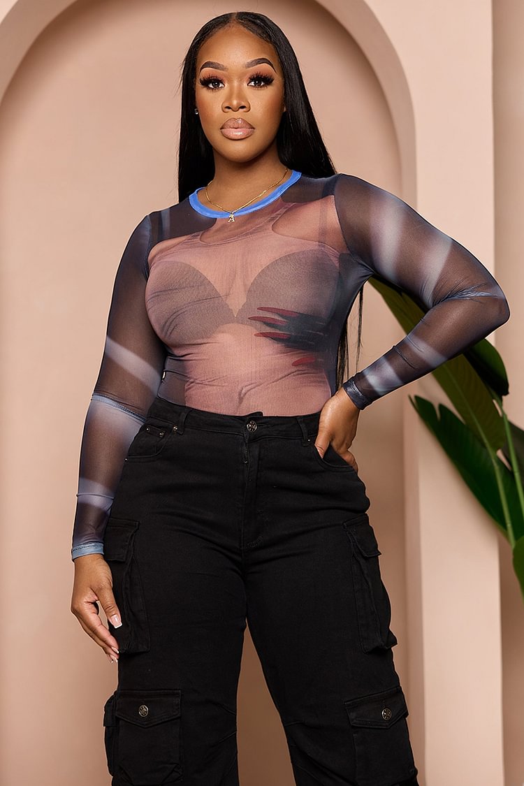 LORAGAL Pattern Print High Neck Mesh Patchwork T-shirt