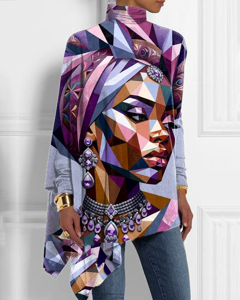 Retro Purple African Woman Half Turtleneck Hem Top