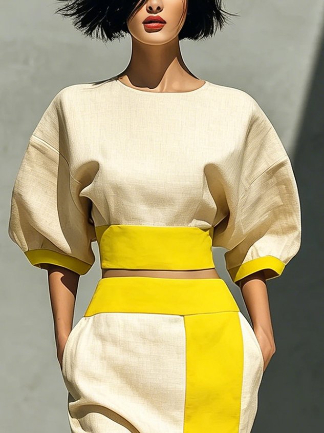 Cotton And Linen Urban Color Block Split Joint Crew Neck Blouse mysite idetrend