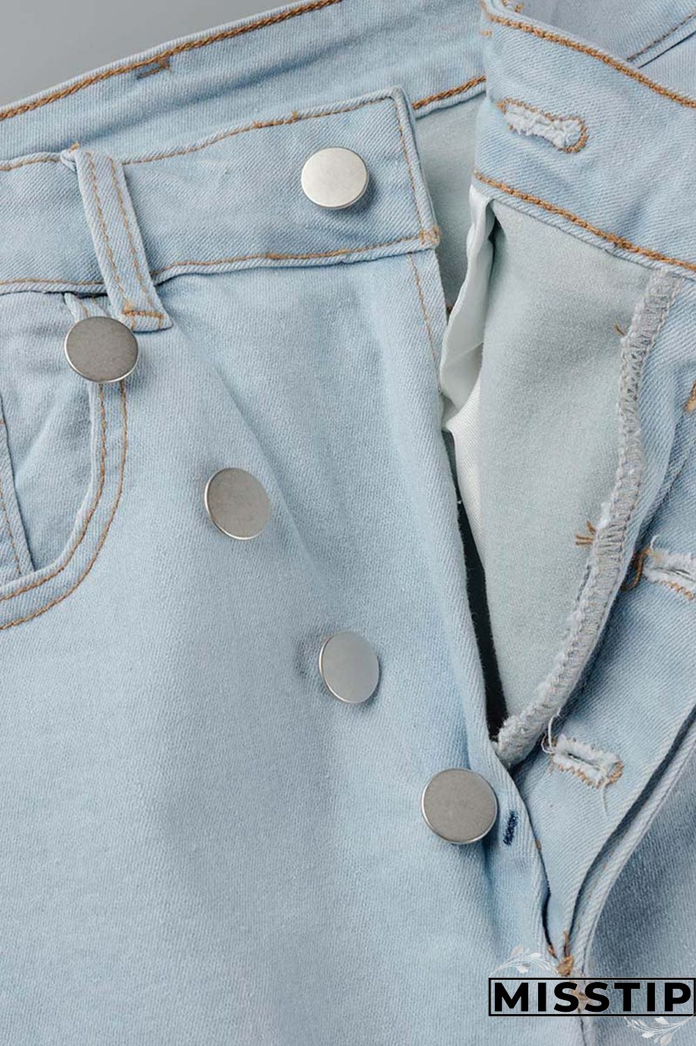 Blue Casual Solid Ripped Patchwork High Waist Regular Denim Jeans