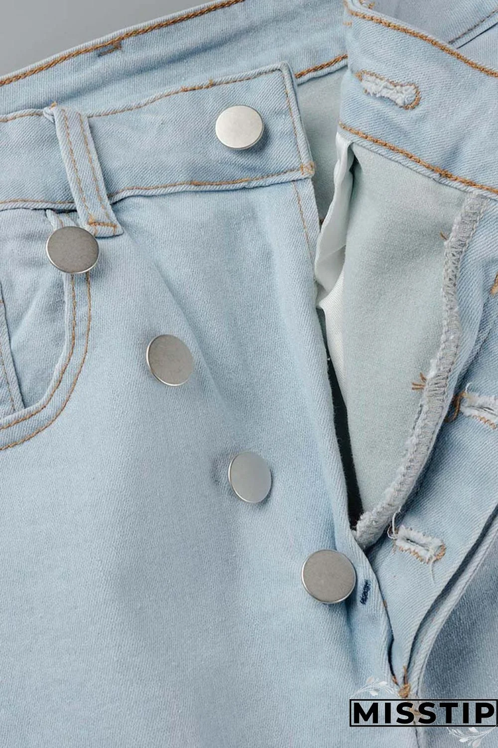 Blue Casual Solid Ripped Patchwork High Waist Regular Denim Jeans