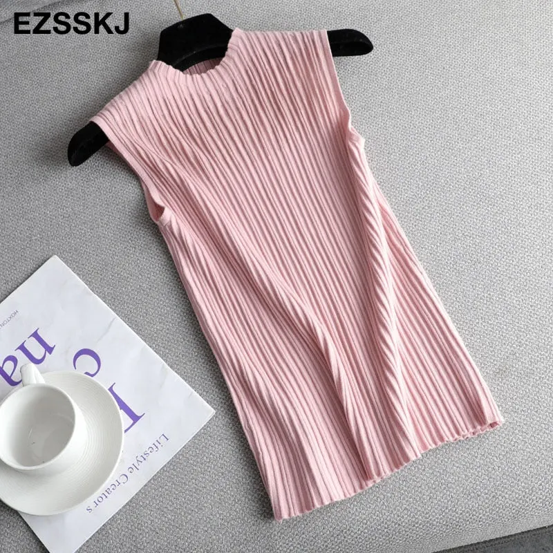 elegant Top spring autumn Knitted Tank top Women Blouse turtlenck sexy Sleeveless sweater vest Female slim top