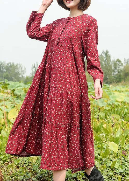 Simple O Neck Cinched Clothes For Women Neckline Red Print Traveling Dress