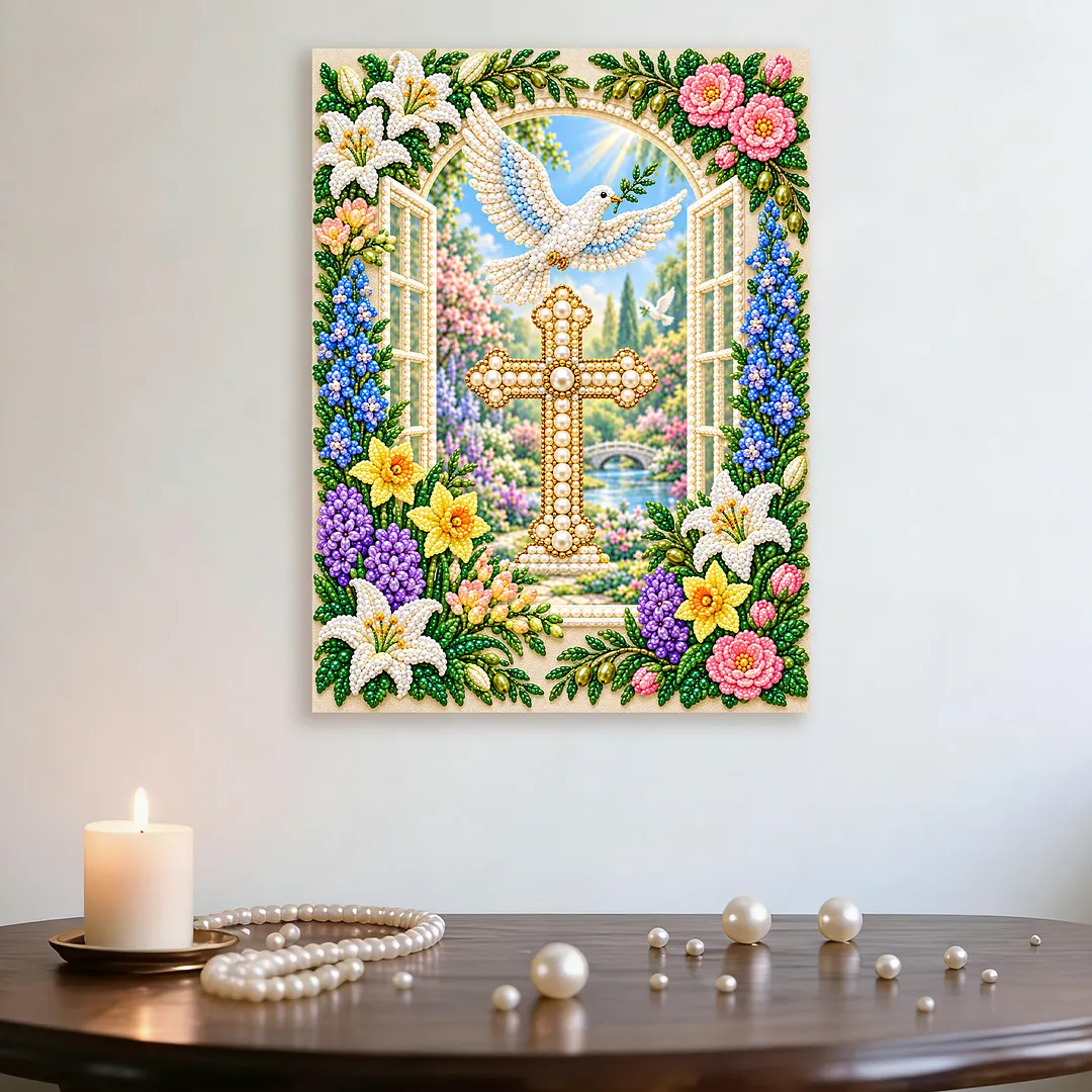 Pearl Painting Kit for Adults Cross Dove Floral with Frame 11.81x15.75in