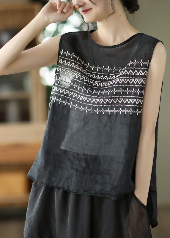 Plus Size Black Embroideried Linen Tank Tops Sleeveless