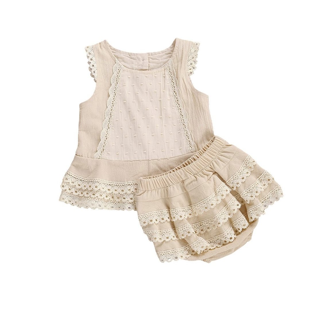 2 Pcs Baby’s Summer Suit Sleeveless Lace Vest Top Layered Hem + Tiered Skirt Panty Outfit for Toddler Girl 6M-4Y
