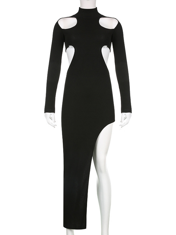 Gothic dark Sexy Long sleeve Solid Pattern Cutout High-slit Jersey High-rise Mock neck Maxi Dress