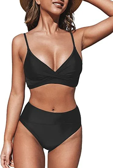 Black Fuller Bust Ribbed Underwired High Apex Bikini Top