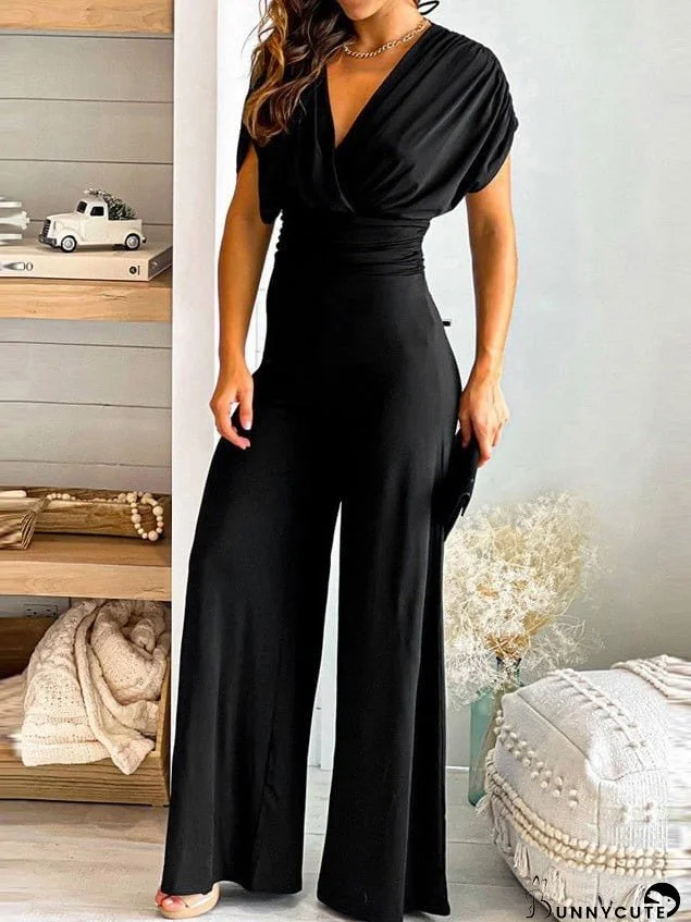 Jumpsuits Solid V-Neck Slim Fit Wide Leg Pants for Women