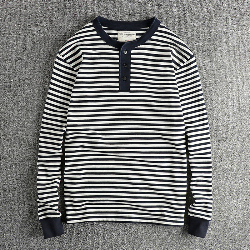 Men's Vintage Striped Cotton Henley Neck T-Shirt