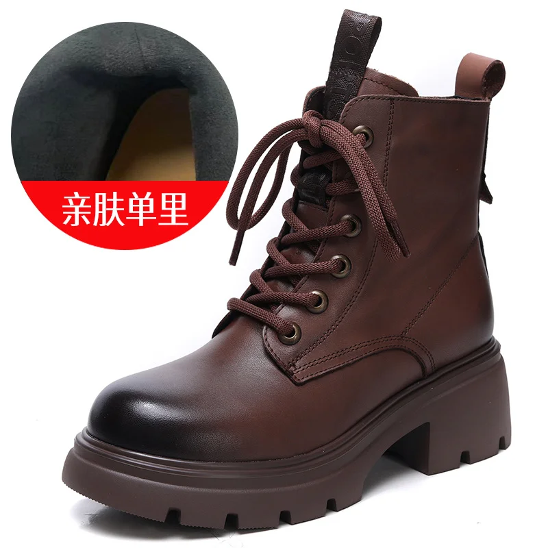 Yyvonne Layer Of Cowhide Martin Boots Women 2025 Autumn And Winter New Thick-Bottomed Fashion Light, Anti-Slip Coarse And Leather Short Boots