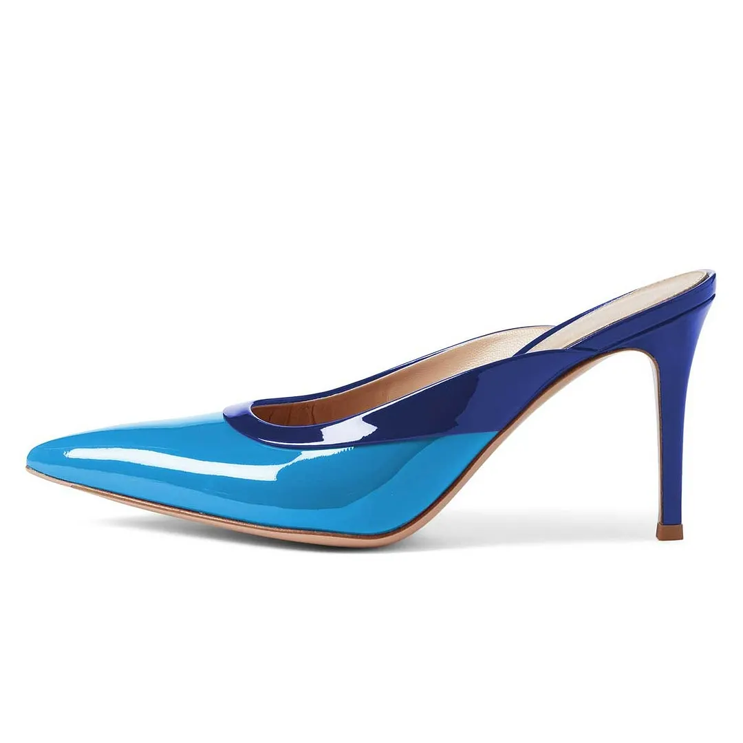 Patent Pointed Toe Stiletto Heel Slip-On Women's Mules Shoes in Blue