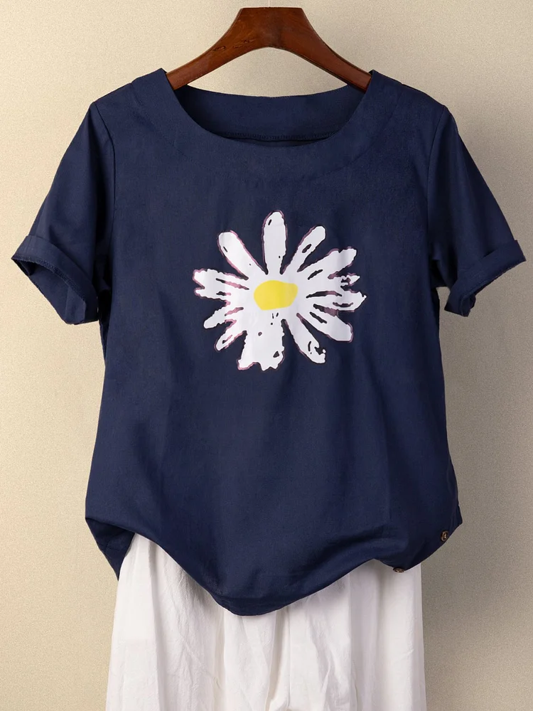 Blue Floral-Print Casual Cotton Shirt