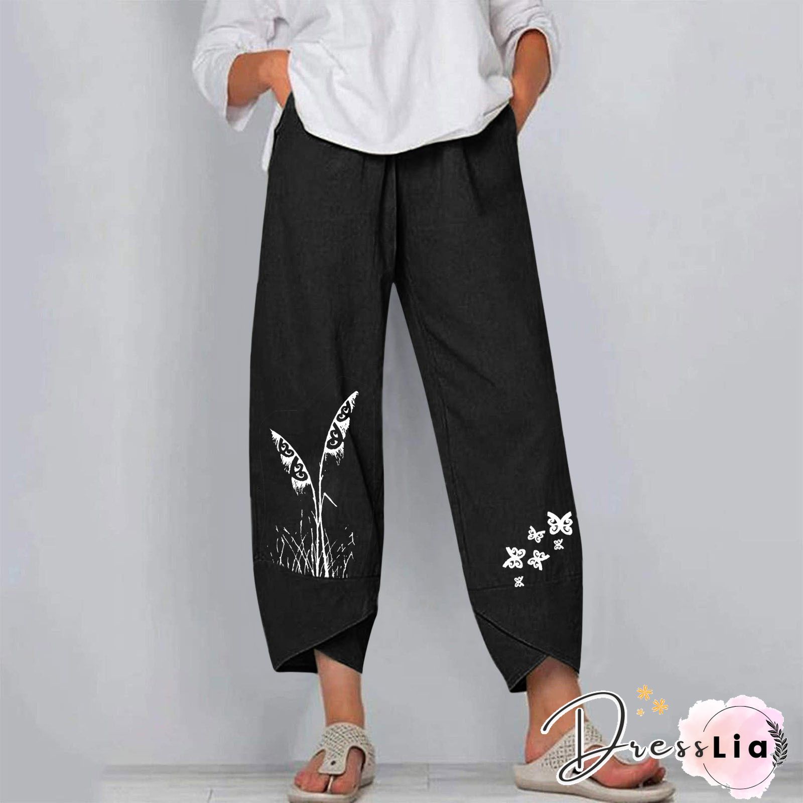 Gray Floral Printed Stripes Casual Shift Pants for Women
