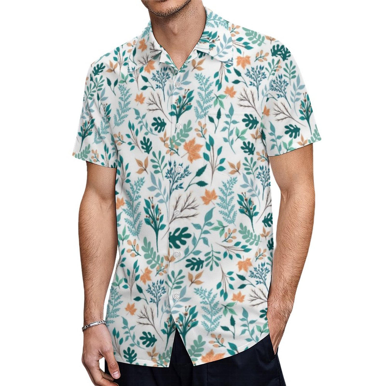 Cute Hand Paint Foliage Green Mint Orange Design Hawaiian Shirt Mens Button Down Tropical Hawaii Beach Shirts