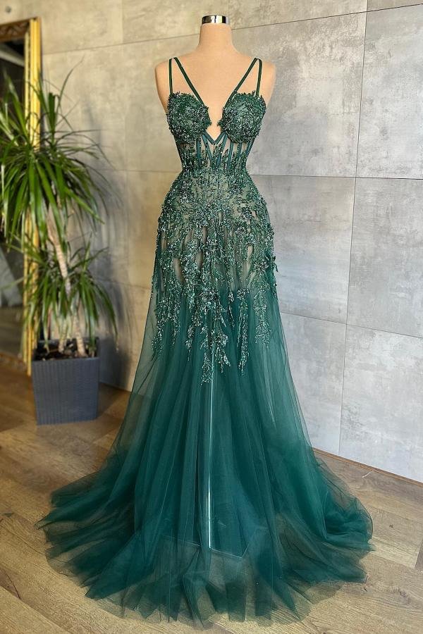 Bellasprom Sleeveless V-Neck Dark Green Prom Dress Tulle Long With Applqiues Beads
