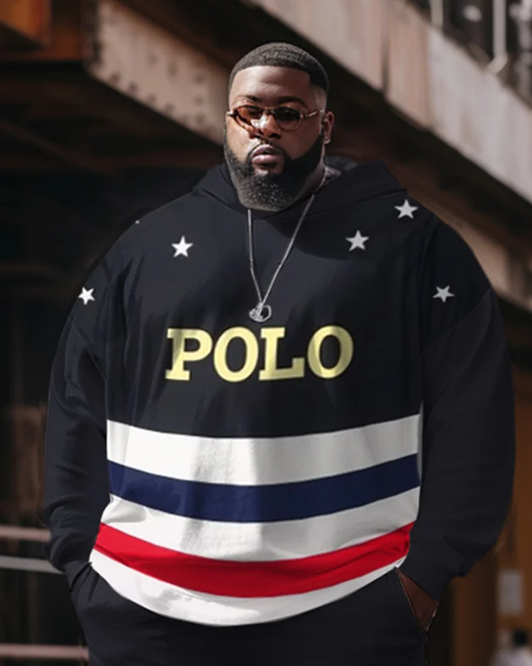 Men's Plus Size Casual Hip Hop POLO Colorblock Hoodies Two-Piece Set