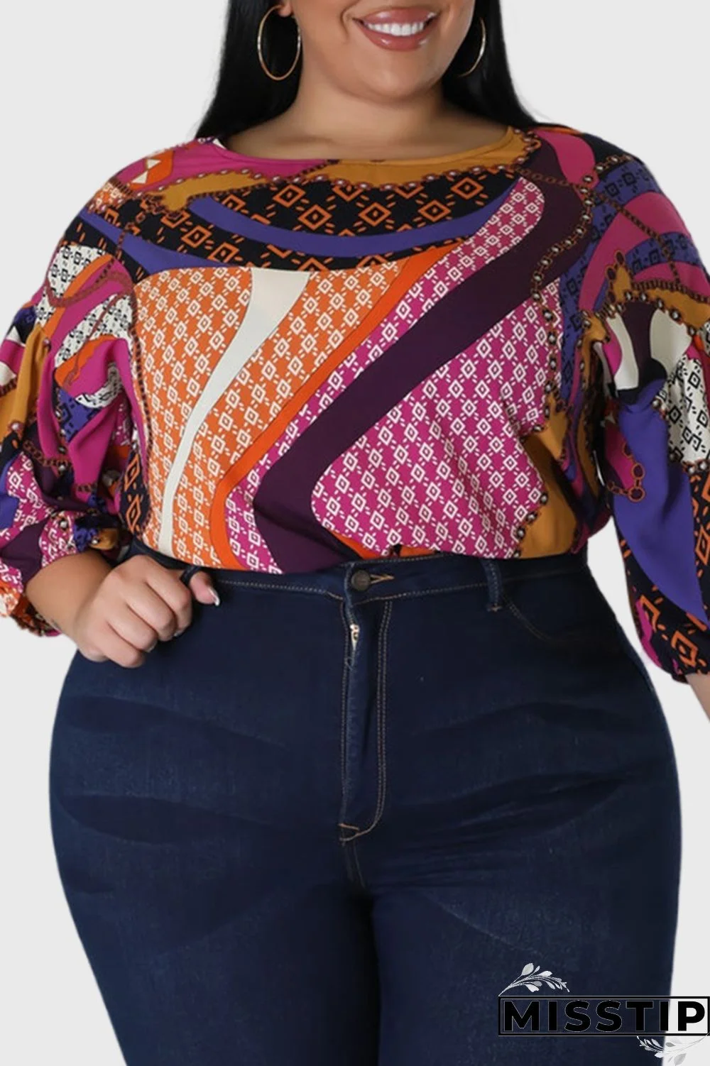 Purple Casual Print Patchwork O Neck Plus Size Tops