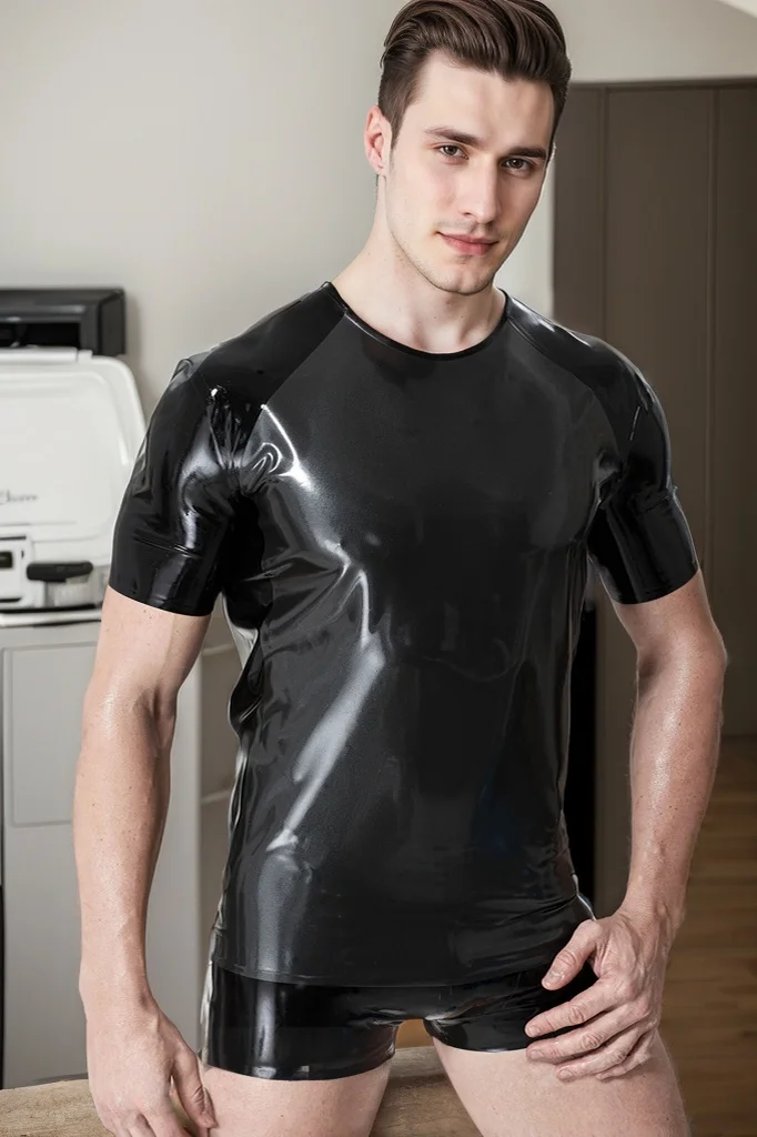 Men's Black Latex Tops Male Regular Style T-Shirt Classics Minimalist Two-tone Top