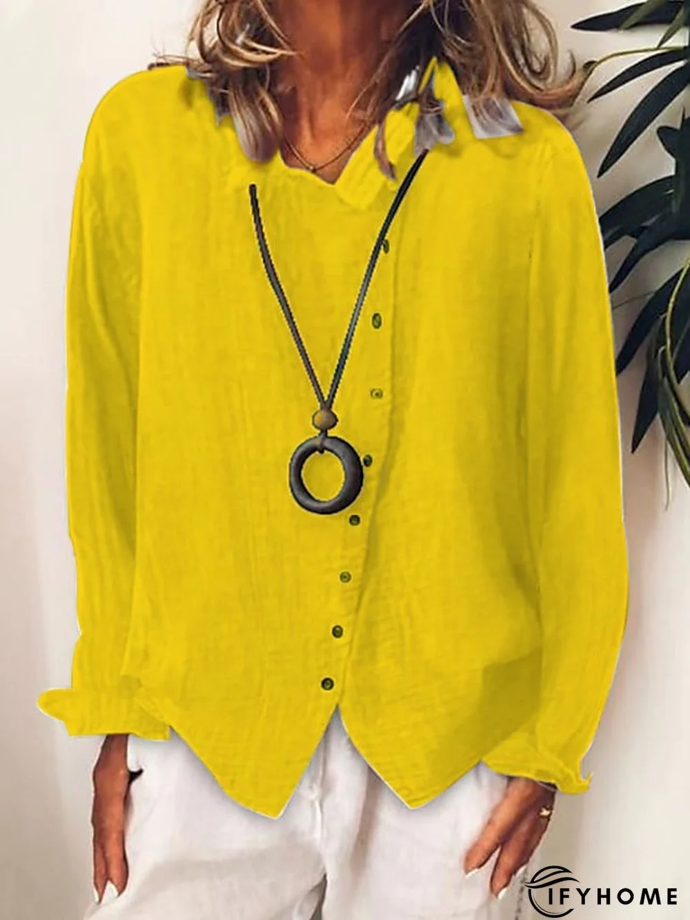 Women's Shirt Blouse White Yellow Blue Plain Button Long Sleeve Daily Weekend Casual Shirt Collar Regular Linen S | IFYHOME