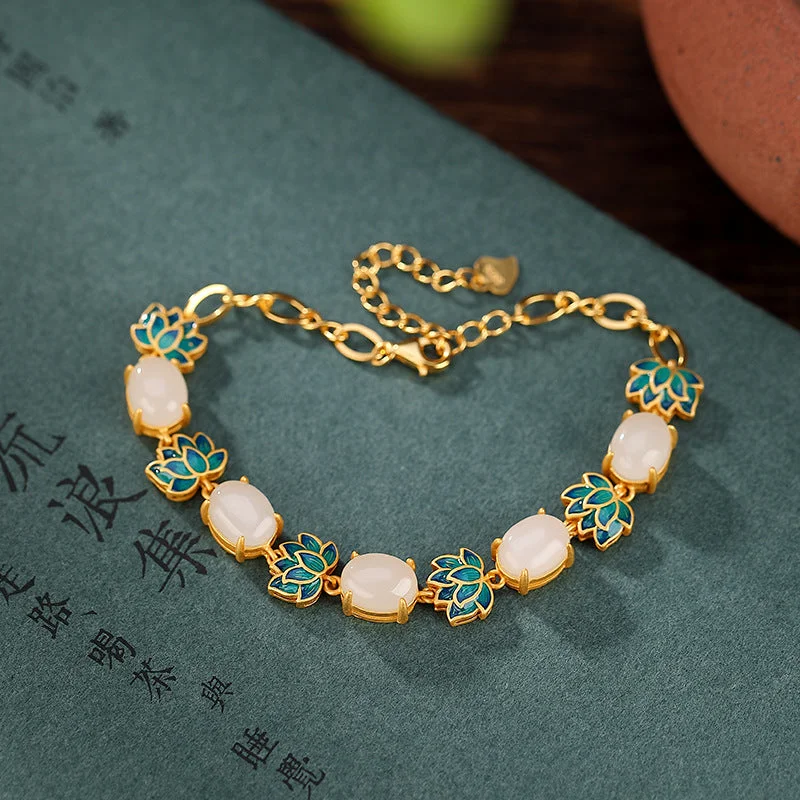 White Jade Lotus Blessing Chain Bracelet