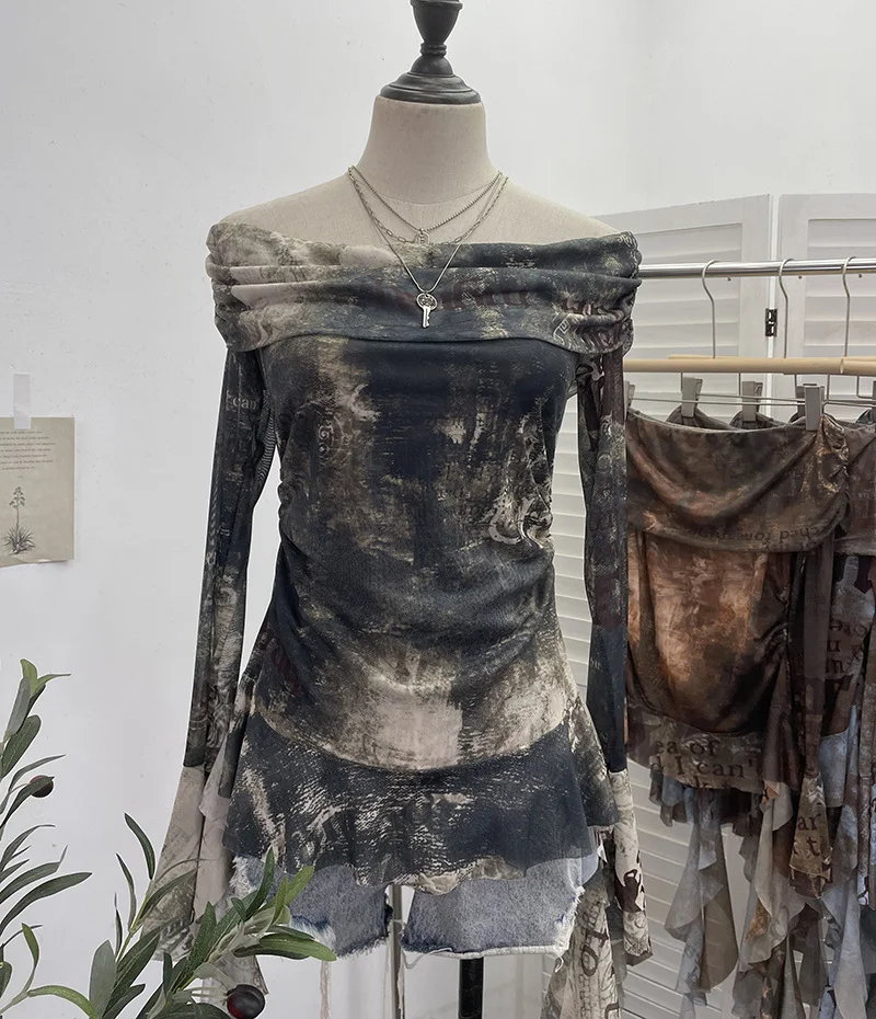 Uveng Real Shot Shoulder Strap Tie Dyed Net Shawl Shirt T-Shirt T-Shirt T-Shirt Design Folded Long-Sleeved T-Shirt 8003