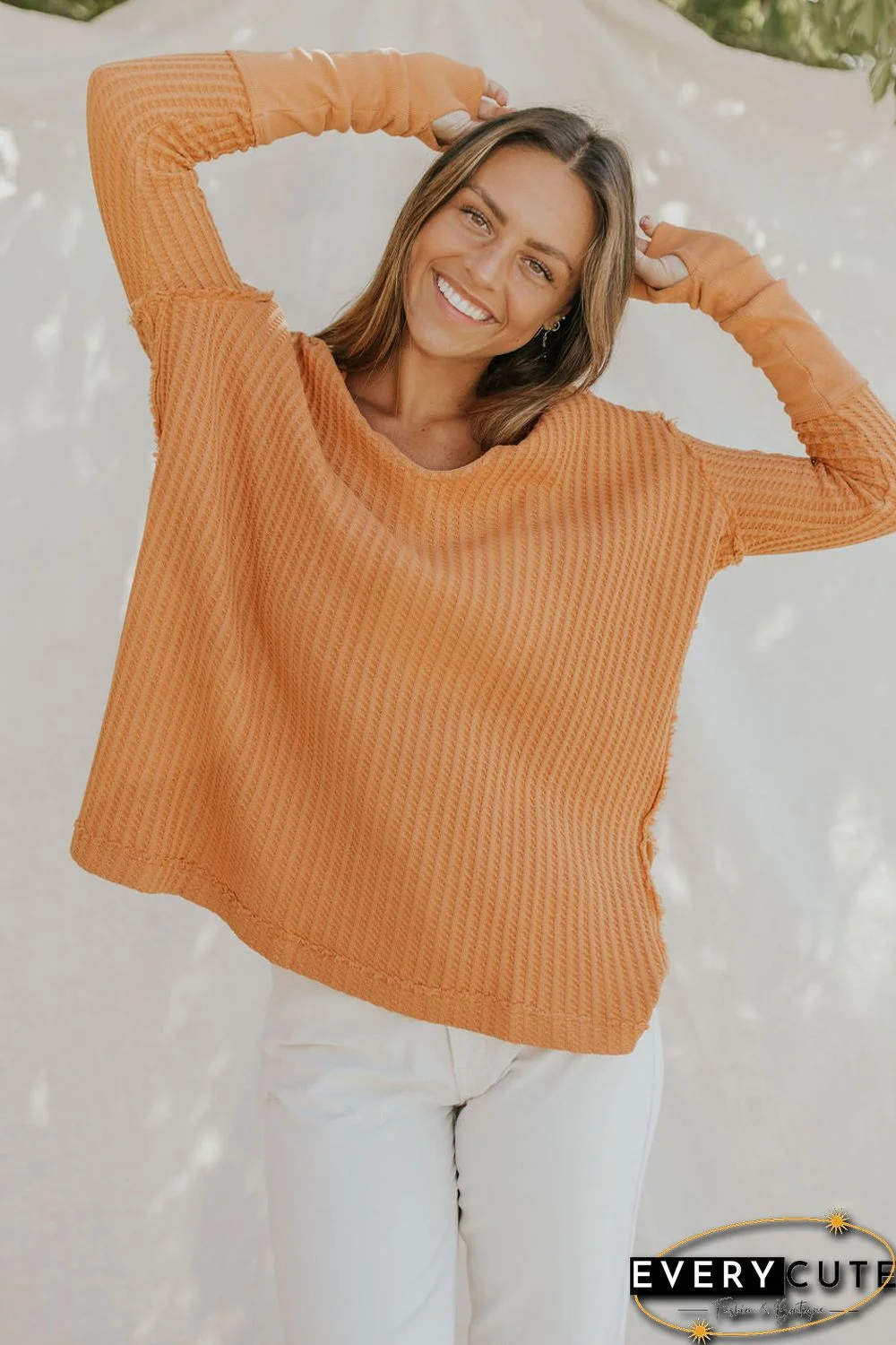 Orange Distressed Seam Trim Waffle Knit Top