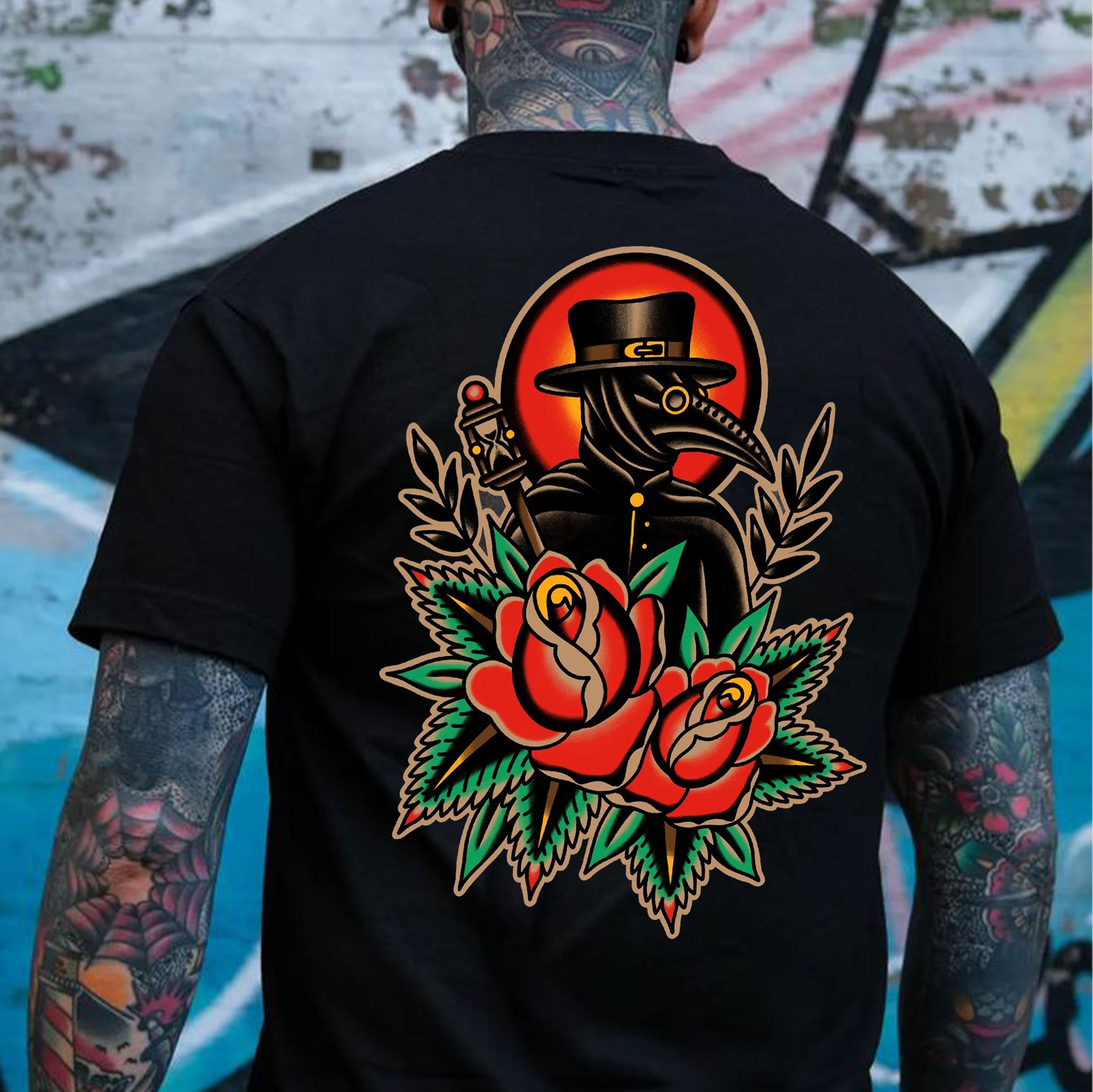 Doctor Crow at Midnight with Roses Black Print T-Shirt