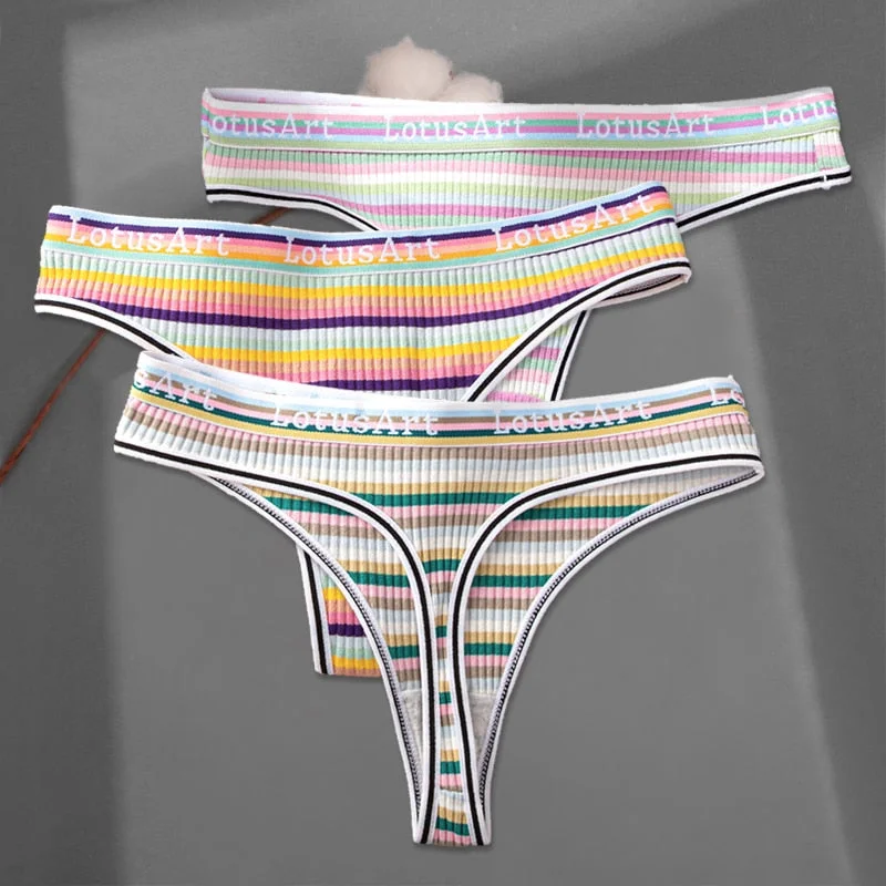 FINETOO 3Pcs/set Women Rainbow Thongs M-XL Cotton Panties Comfortable Striped T-Back Underwear Ladies Soft G-string Lingerie New