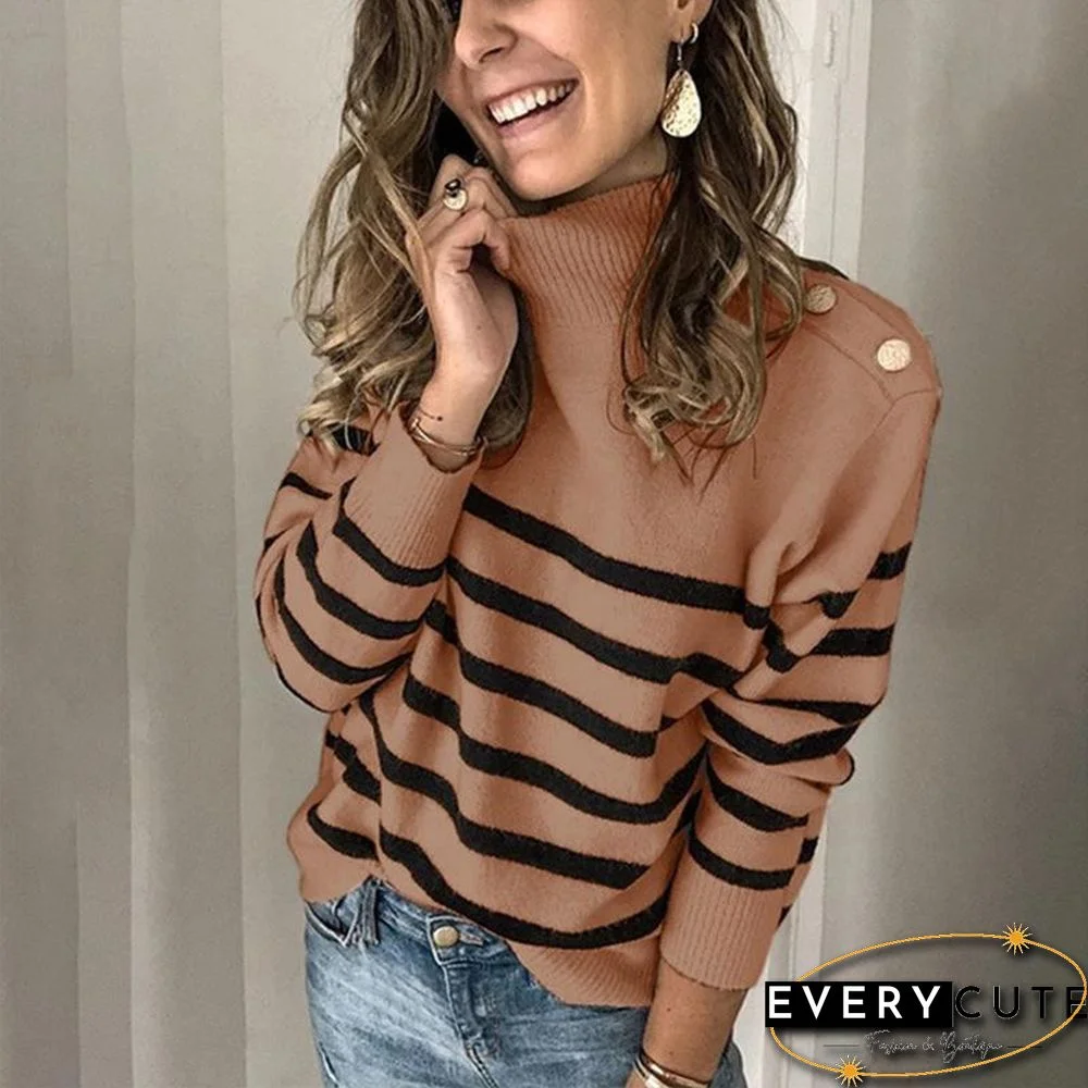 Stand Collar Shoulder Button Stripe Sweater