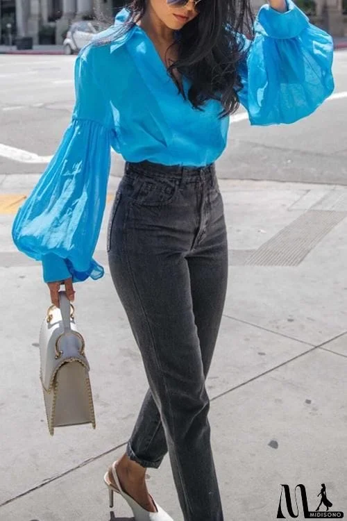 MidiSono - Button Puff Sleeve Shirt