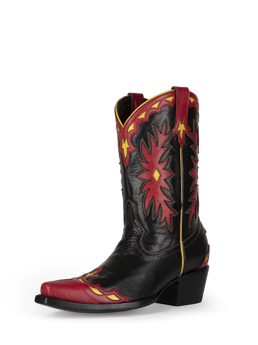 Black & Red Patchwork Snip Toe Embroidered Mid-Calf Cowgirl Boots