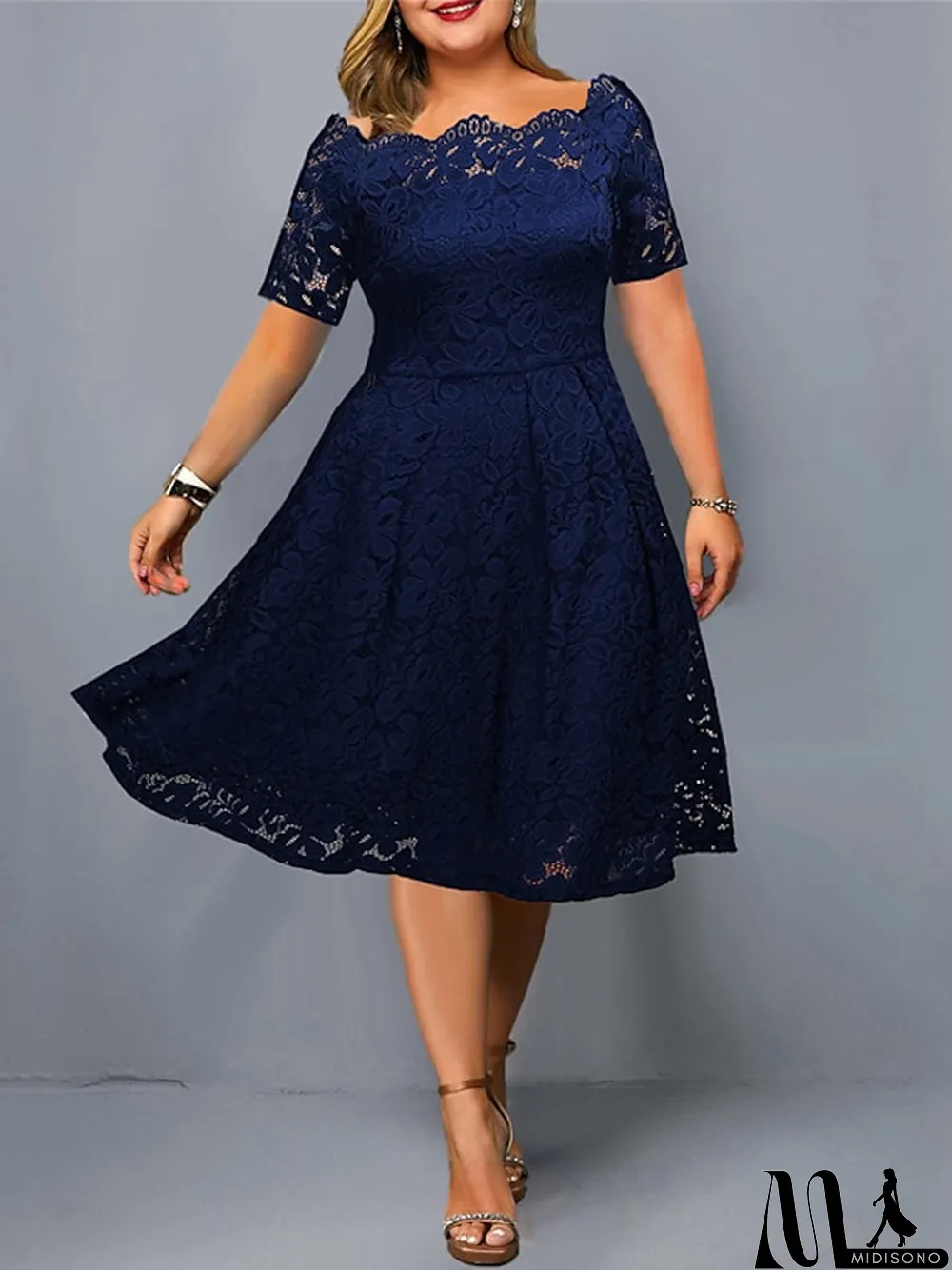 MidiSono - Women's Lace Dress Plus Size Red Chirstmas Dress Curve Party Dress Solid Color Off Shoulder Short Sleeve Fall Spring Elegant Formal Midi Dress Formal Party Dress