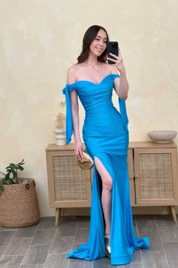 Charming Blue Off-The-Shoulder Pleated Split Mermaid Prom Dress YK0035