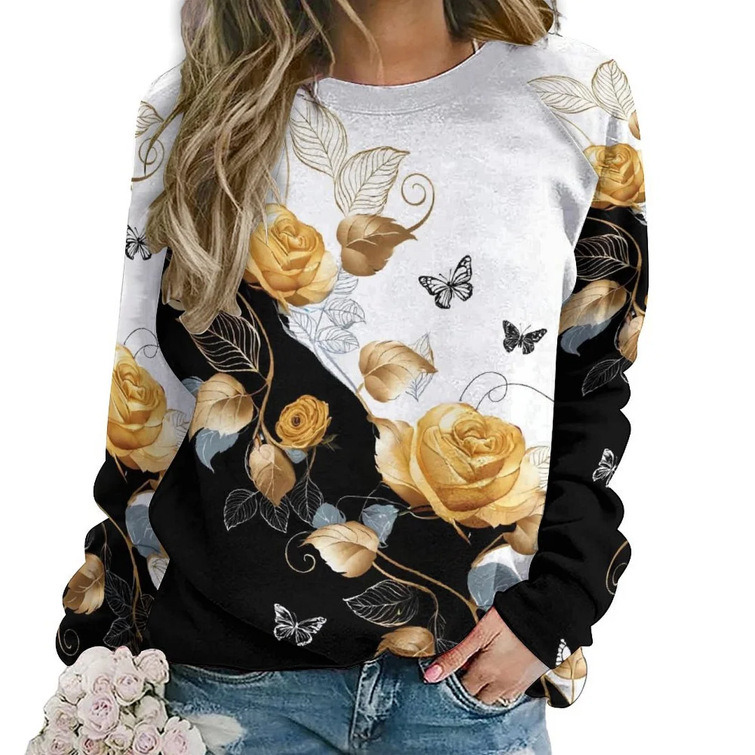 Printed Long Sleeve Casual Sweatshirt for  Women and Men Unisex Pattern Rose, Floral, Golden