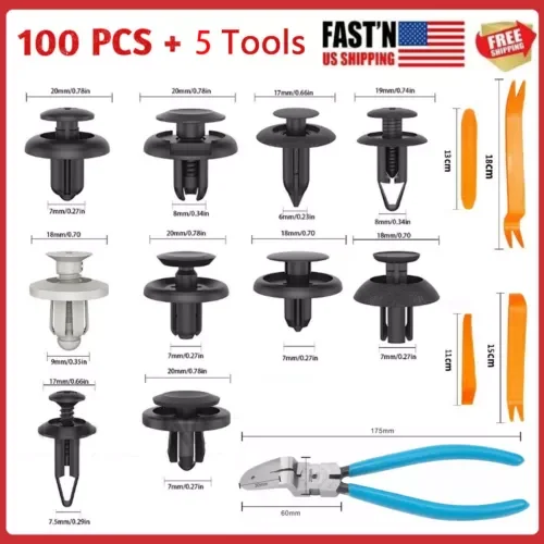 100 Fender Clips Trim Car Push Pin Rivet Bumper Fastener Retainer+ Removal Tools (For: Bugatti) Parts