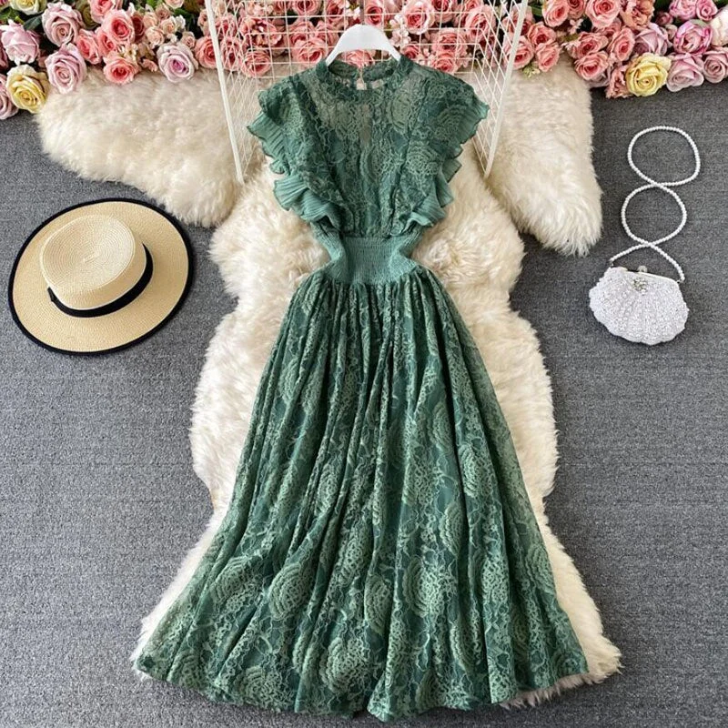 2021 Summer Dress Women Sleeveless O-neck Slim Lace Dresses High waist Lady Elegant Ruffle Long Dress Party Vestidos