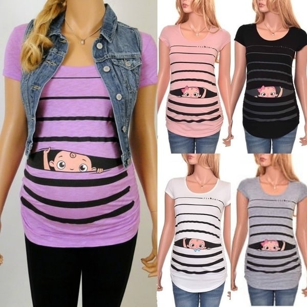 Summer Maternity Women Cute Funny Print T-shirt Pregnancy Wear Striped Cartoon Baby Short Sleeve T-shirt Cotton Top Clothes for Pregnant Women - Shop Trendy Women's Clothing | LoverChic