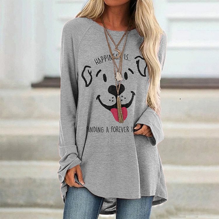 Vefave Dog Print Crew Neck Long Sleeve Casual Tunic